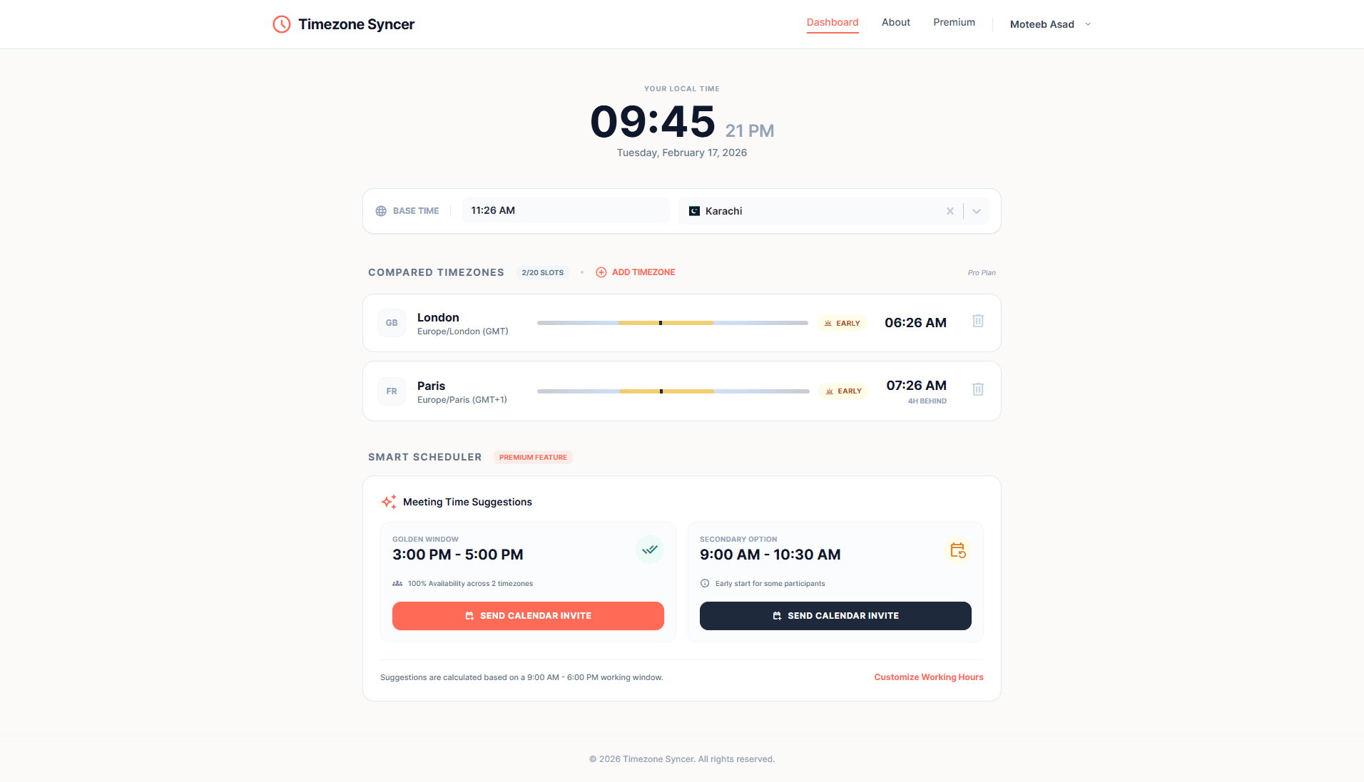 Timezone Syncer dashboard comparing several time zones against a base time